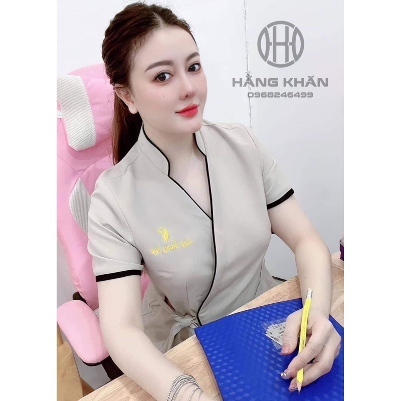Đồng phục Spa màu be chất liệu vải cotton hàn