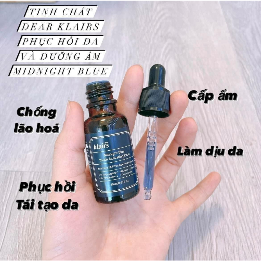 Combo Dear, Klairs tinh chất Midnight Blue Youth Activating Drop 20ml + Kem dưỡng Midnight Blue Calming Crem 30mll