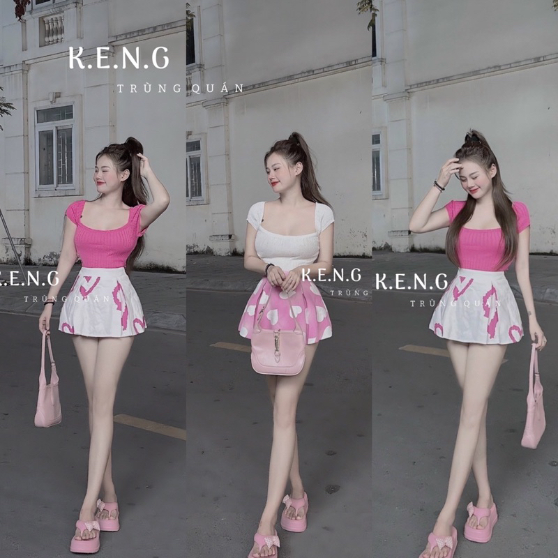 Set đồ nữ áo cổ U mix chân váy hoạ tiết tin siêu dễ thương