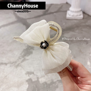 Channyhouse_Kẹp tóc ngoạm dọc nơ voan tơ xước hoa trà đen tiểu thơ cốt 13cm