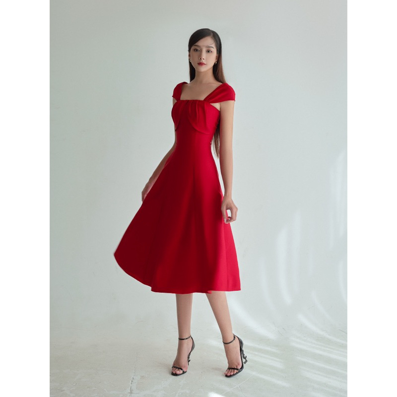 Đầm đỏ trễ vai thiết kế dáng dài size S Mì workshop