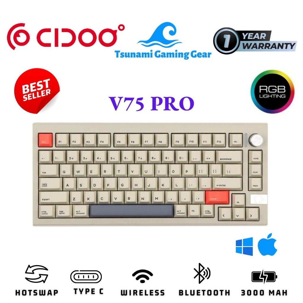 Bàn phím cơ Cidoo V75 Pro/ Tri mode (Bluetooth/ Wireless/ USB Type C) / vỏ nhôm