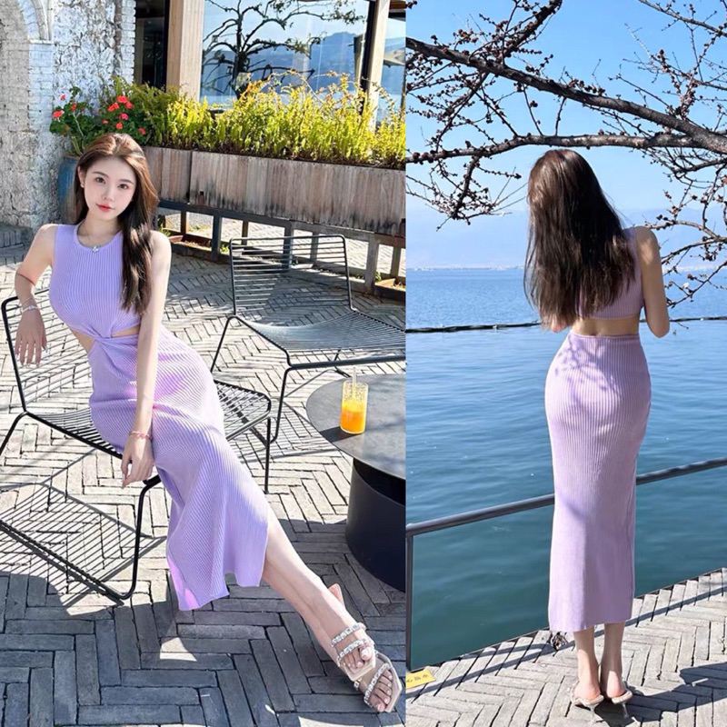 Sẵn - Đầm len body tím cut eo Đầm Dệt Kim Sát Nách Hở Eo Thời Trang Mùa Hè Quyến Rũ Cho Nữ Đầm Hai Dây Ôm Dáng Gợi Cảm