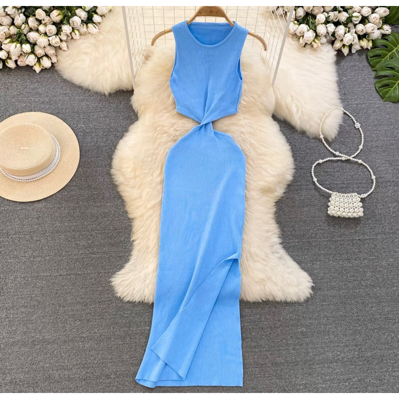Sẵn - Đầm len body tím cut eo Đầm Dệt Kim Sát Nách Hở Eo Thời Trang Mùa Hè Quyến Rũ Cho Nữ Đầm Hai Dây Ôm Dáng Gợi Cảm
