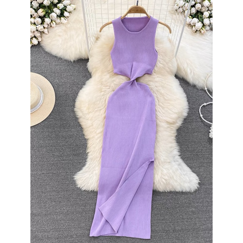 Sẵn - Đầm len body tím cut eo Đầm Dệt Kim Sát Nách Hở Eo Thời Trang Mùa Hè Quyến Rũ Cho Nữ Đầm Hai Dây Ôm Dáng Gợi Cảm