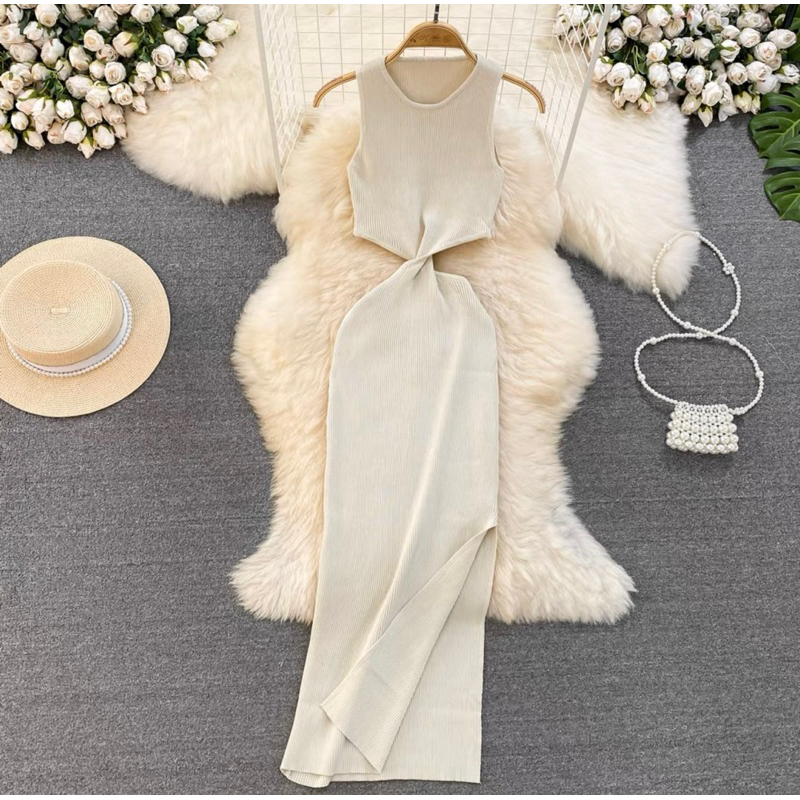 Sẵn - Đầm len body tím cut eo Đầm Dệt Kim Sát Nách Hở Eo Thời Trang Mùa Hè Quyến Rũ Cho Nữ Đầm Hai Dây Ôm Dáng Gợi Cảm