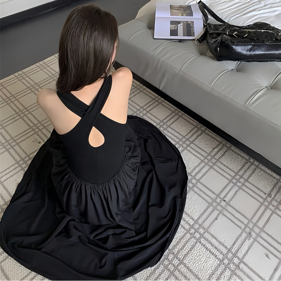 Đầm maxi dáng dài chéo lưng cách điệu phối lụa vân mềm CC- Váy maxi ôm body dáng dài thiết kế thời trang Hannah Store
