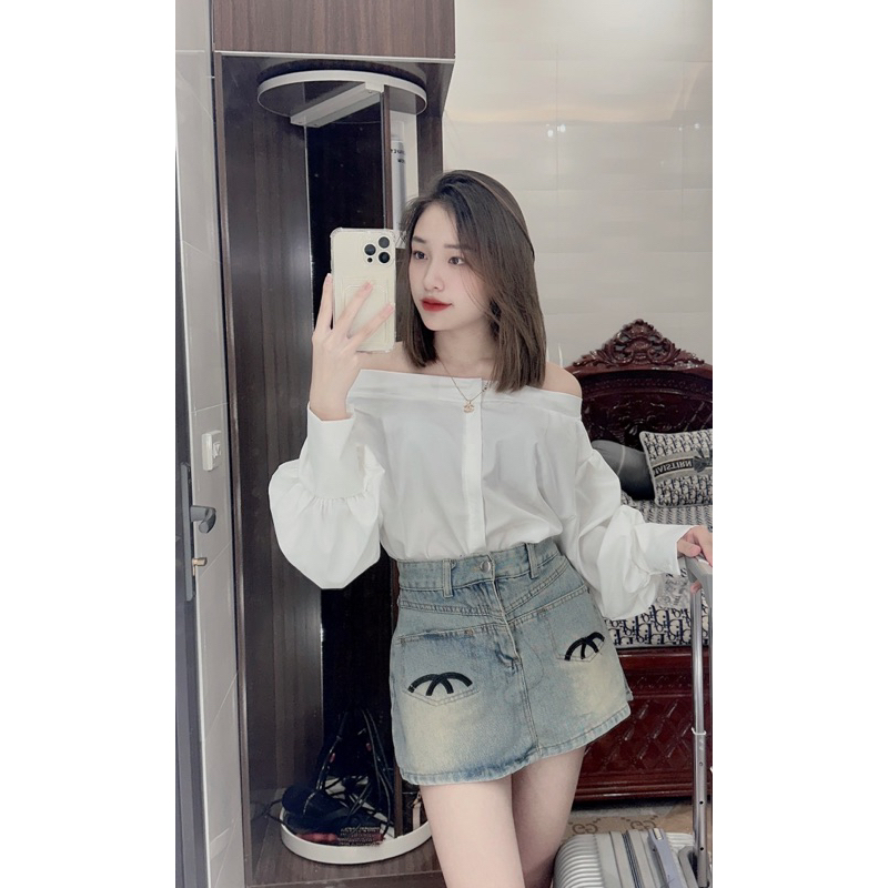 Set chân váy kèm áo sơmi trễ vai hot