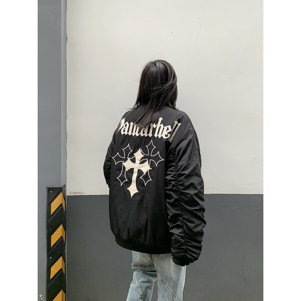 Áo khoác bomber nam nữ họa tiết nổi phối tay nhún ấm áp phong cách dạo phố Hàn