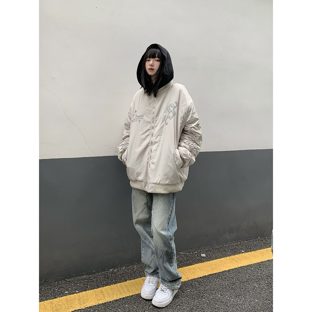 Áo khoác bomber nam nữ họa tiết nổi phối tay nhún ấm áp phong cách dạo phố Hàn