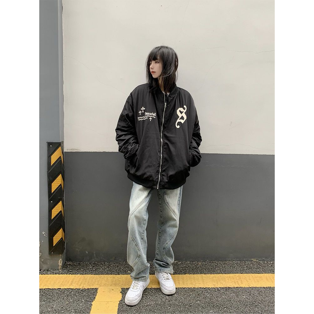 Áo khoác bomber nam nữ họa tiết nổi phối tay nhún ấm áp phong cách dạo phố Hàn