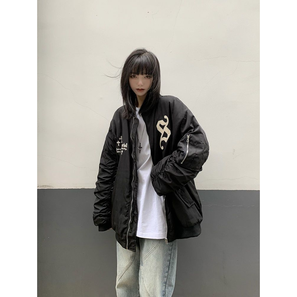 Áo khoác bomber nam nữ họa tiết nổi phối tay nhún ấm áp phong cách dạo phố Hàn
