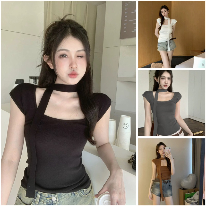 Áo Croptop Dệt Kim Tay Ngắn Cổ Vuông Kèm Chocker Màu Sắc Đơn Giản Phong Cách Hàn Quốc Cho Nữ