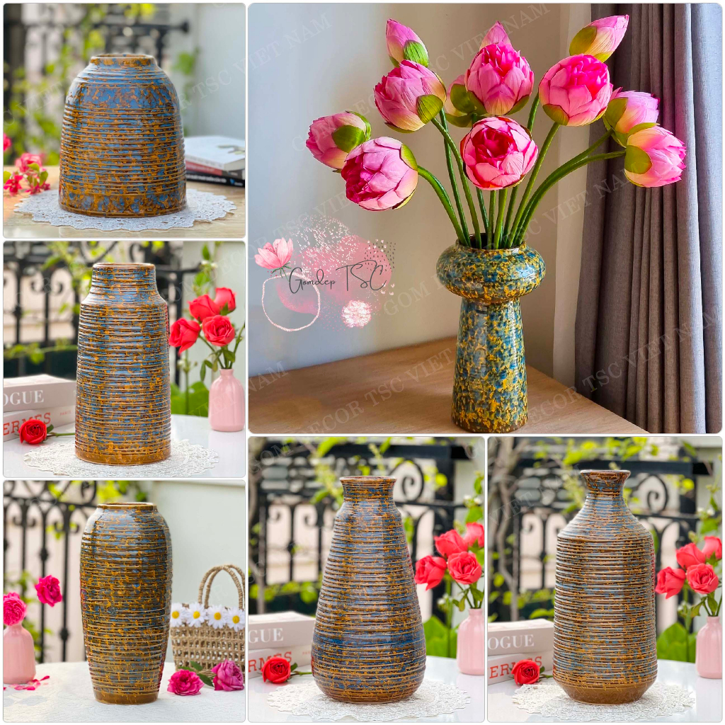 Bình gốm sứ Bát Tràng cao cấp men sắc hoa, lọ cắm hoa để bàn, decor trang trí phòng khách đẹp - GomdecorTSC