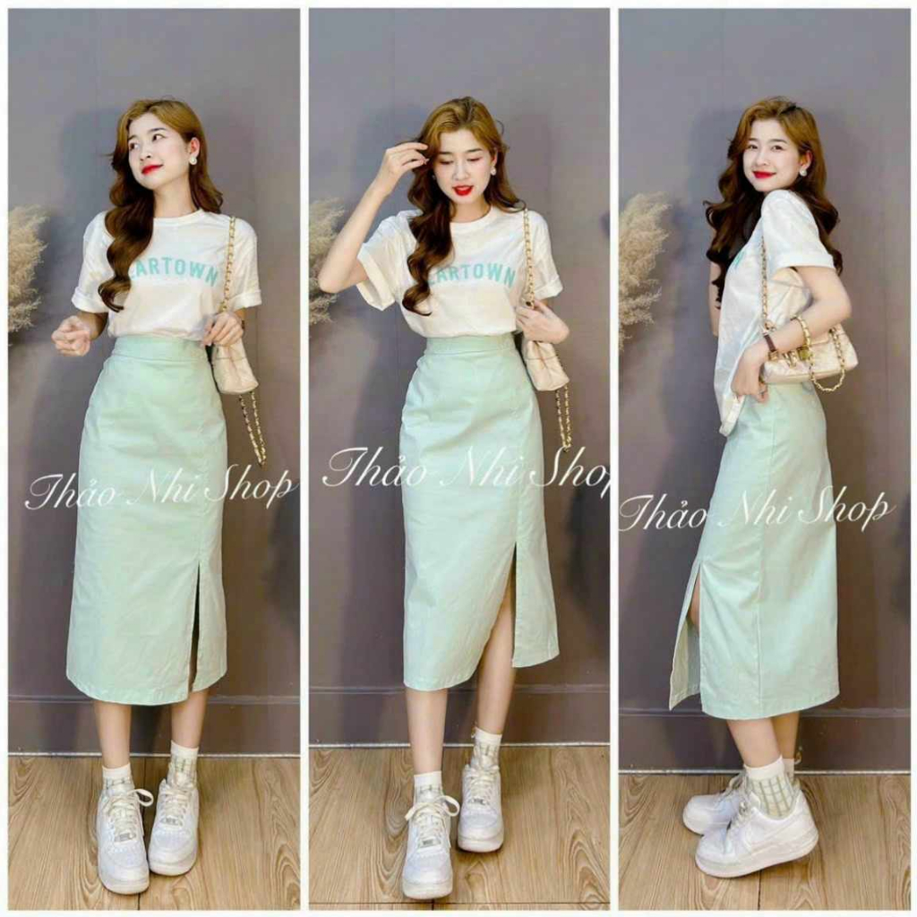 Sét Nữ áo cotton váy xẻ vải mềm mịn sịn trẻ trung năng động