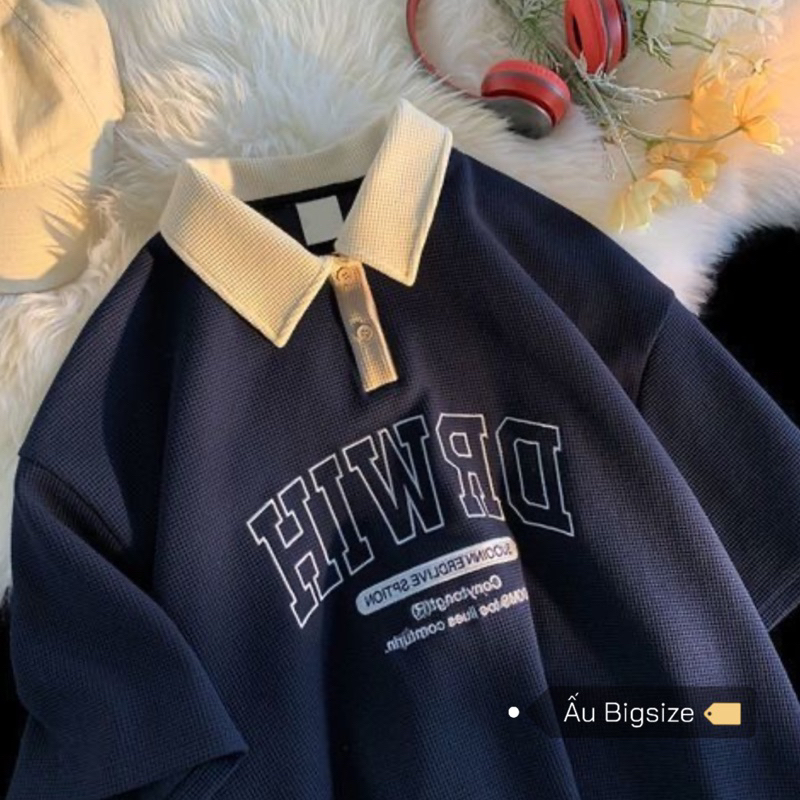 Áo polo ngắn tay vải tổ ong thêu chữ HI đơn giản cá tính Super Bigsize đến 150kg