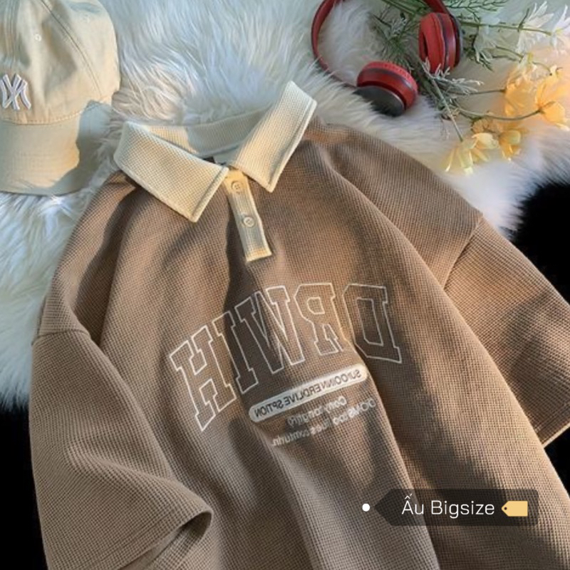 Áo polo ngắn tay vải tổ ong thêu chữ HI đơn giản cá tính Super Bigsize đến 150kg