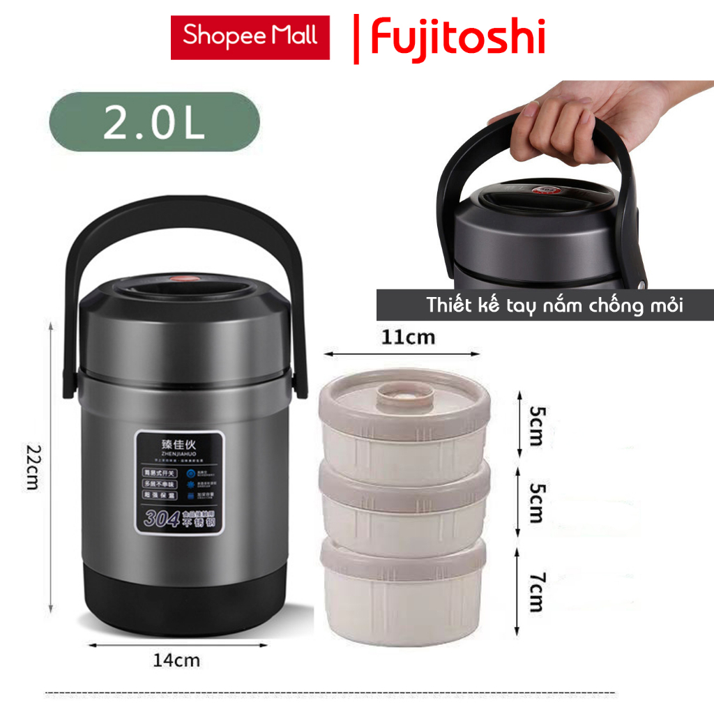 Hộp cơm giữ nhiệt 3 tầng 2 khay Fujitoshi GN2L đựng cơm đồ ăn giữ nhiệt 7 - 9H
