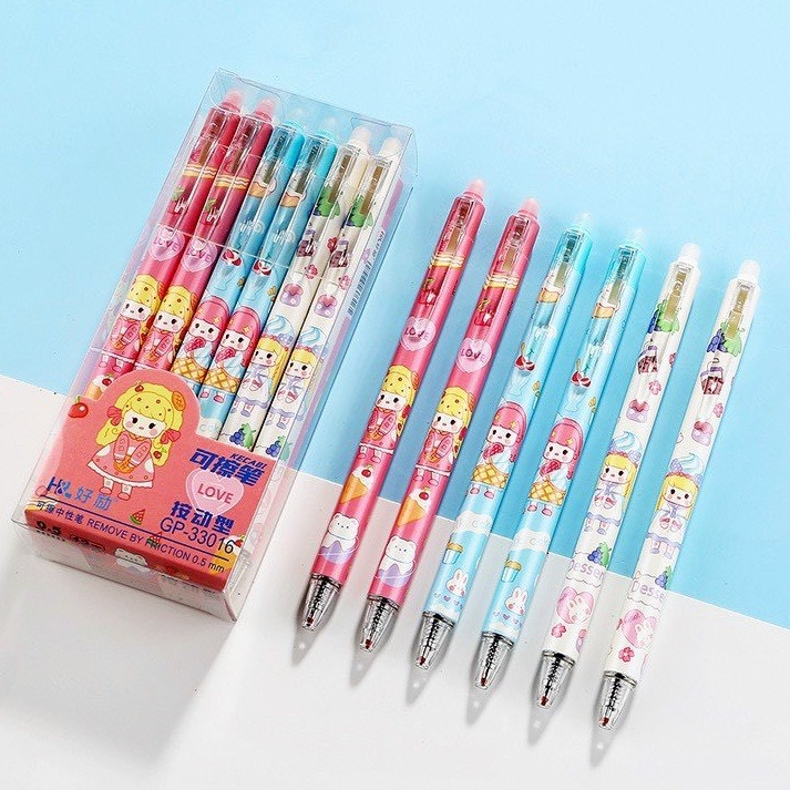 Hộp 12 cây Bút Gel Bấm Bôi Xóa được nhiều mẫu dễ thương (nhiều mẫu mới) bút mực tím, xanh, đen