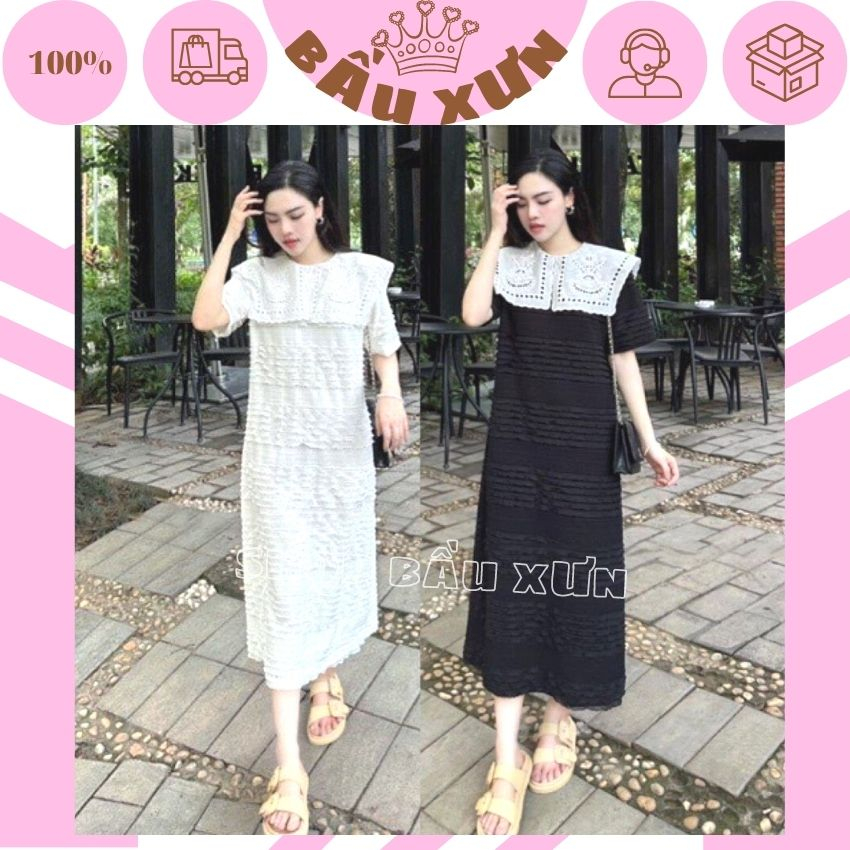 VÁY BẦU XUÔNG DÀI CỔ REN VUÔNG SANG CHẢNH- ĐẦM BẦU DỰ TIỆC ĐẸP CHO MẸ BẦU