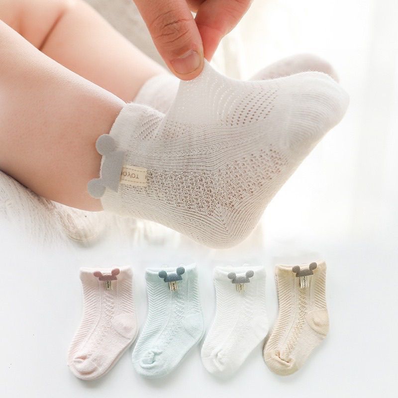 Tất lưới cho bé 0-3 tuổi – Vớ cotton thoáng khí mùa hè đính tai gấu dễ thương cho bé trai bé gái