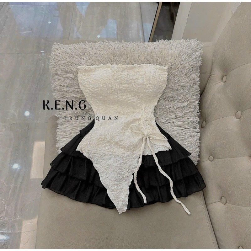 Set áo 2 dây tà nhọn rút dây kèm chân váy tầng có lot - Bộ áo 2 dây tà nhọn rút dây kèm chân váy