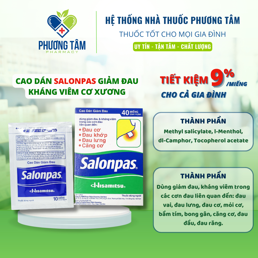 Cao dán Salonpas - Giảm đau cơ, đau xương khớp, đau lưng, bong gân - NT Phương Tâm