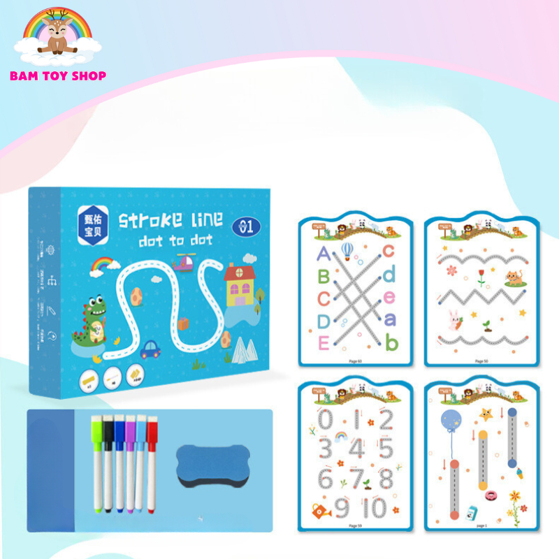 Combo tập tô vẽ thông minh xóa được 64 trang kèm bút dạ, Đồ chơi giáo dục toàn diện Montessori cho bé