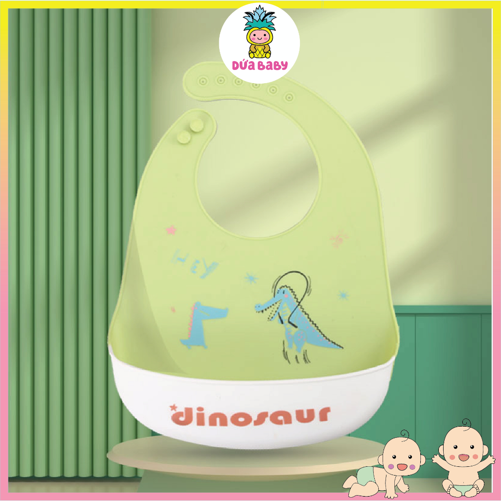 Yếm Ăn Dặm Silicone Có Máng Cho Bé Mềm Dẻo Không Bám Bẩn Họa Tiết Ngộ Nghĩnh.