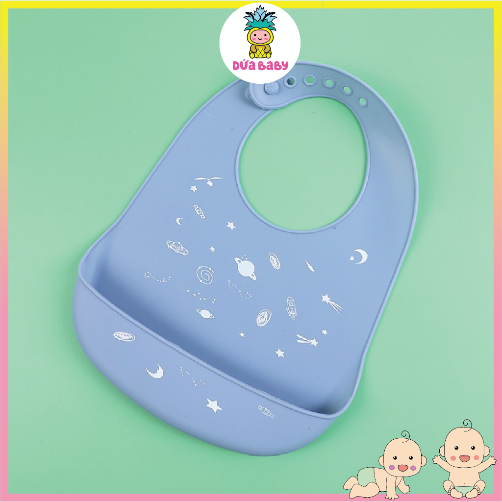 Yếm Ăn Dặm Silicone Có Máng Cho Bé Mềm Dẻo Không Bám Bẩn Họa Tiết Ngộ Nghĩnh.