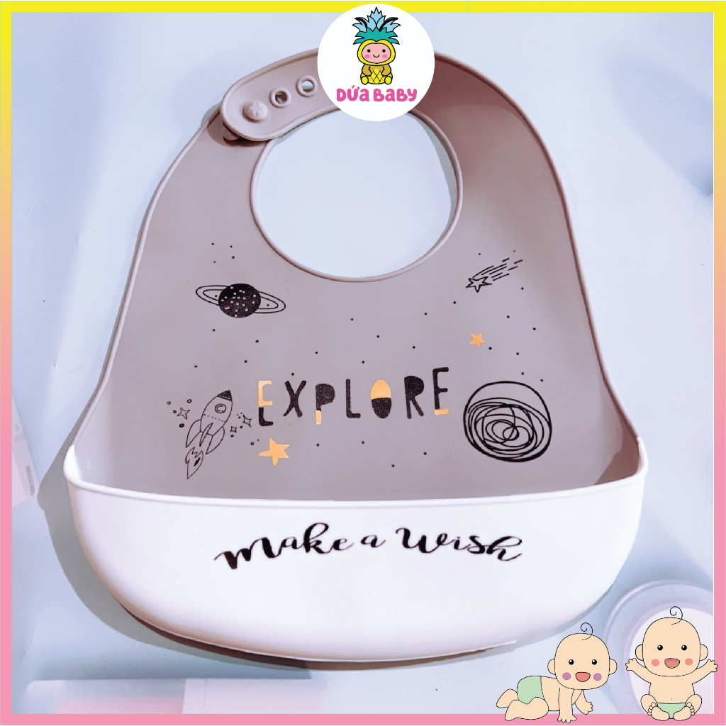 Yếm Ăn Dặm Silicone Có Máng Cho Bé Mềm Dẻo Không Bám Bẩn Họa Tiết Ngộ Nghĩnh.