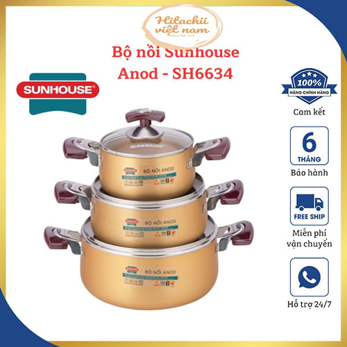 Bộ nồi Sunhouse sh6634 3 món công nghệ Anod cao cấp, dùng bếp gas bếp hồng ngoại size 16-20-24cm