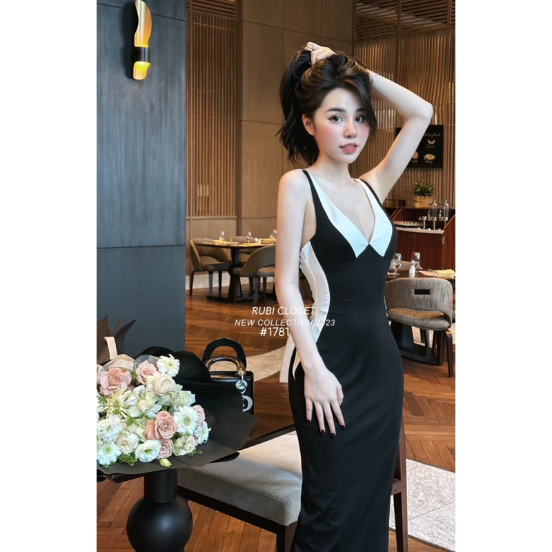 Váy body cổ V đen pha trắng chuẩn Linh Hoàng