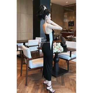 Váy body cổ V đen pha trắng chuẩn Linh Hoàng