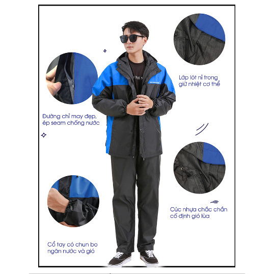Áo mưa bộ 2 lớp dày dặn siêu chống thấm phối màu thời trang mặc thay áo gió-VIN-PEN