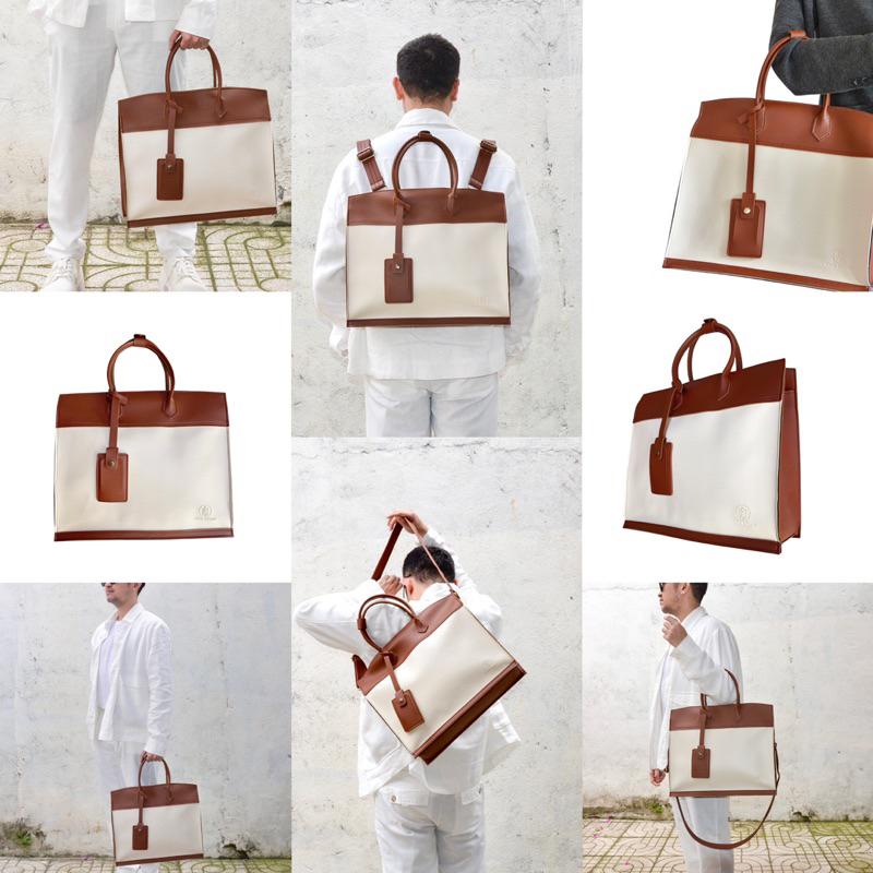 Túi da KHÔISTORE | Horizontal_Túi tote balo đeo chéo đa năng_Túi thiết kế_Hàng thủ công_Màu kem phối nâu