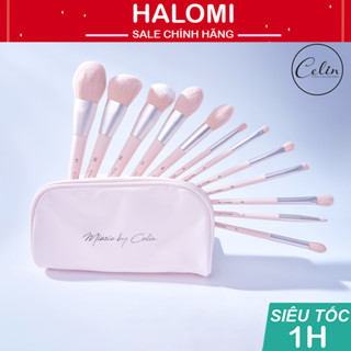  Bộ cọ trang điểm Celin 12 cây cọ cá nhân màu hồng lông thú mềm bám phấn cao cấp kèm túi 