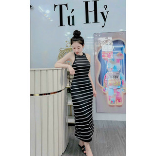Đâm thun gân sọc ngang, đầm thun ôm body tay cộc sát cánh ôm eo xòe nhẹ, đầm thun dáng dài sang trọng, quý tộc