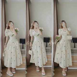 Đầm  cổ tim tay phồng nhún tầng chất lụa ý ép bông cao cấp cực trẻ trung xinh đẹp mẫu y hình QCS