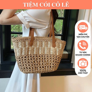 Túi cói rơm quai da phối màu thời trang hè cho nữ-Tiệm Cói Cô Lê
