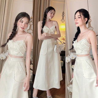 Set áo croptop 2 dây ren kèm chân váy midi xoè