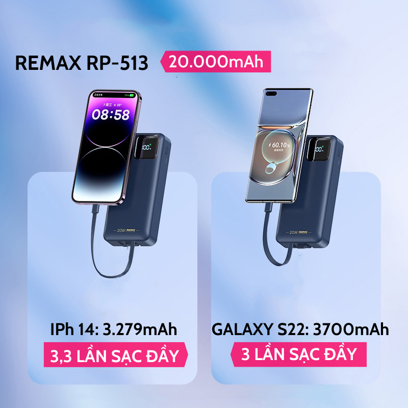 Sạc dự phòng 30000mah/20000mah REMAX RPP-550 22.5W tích hợp 2 cáp sạc nhanh 22.5W và 20W và màn hình led hiển thị pin