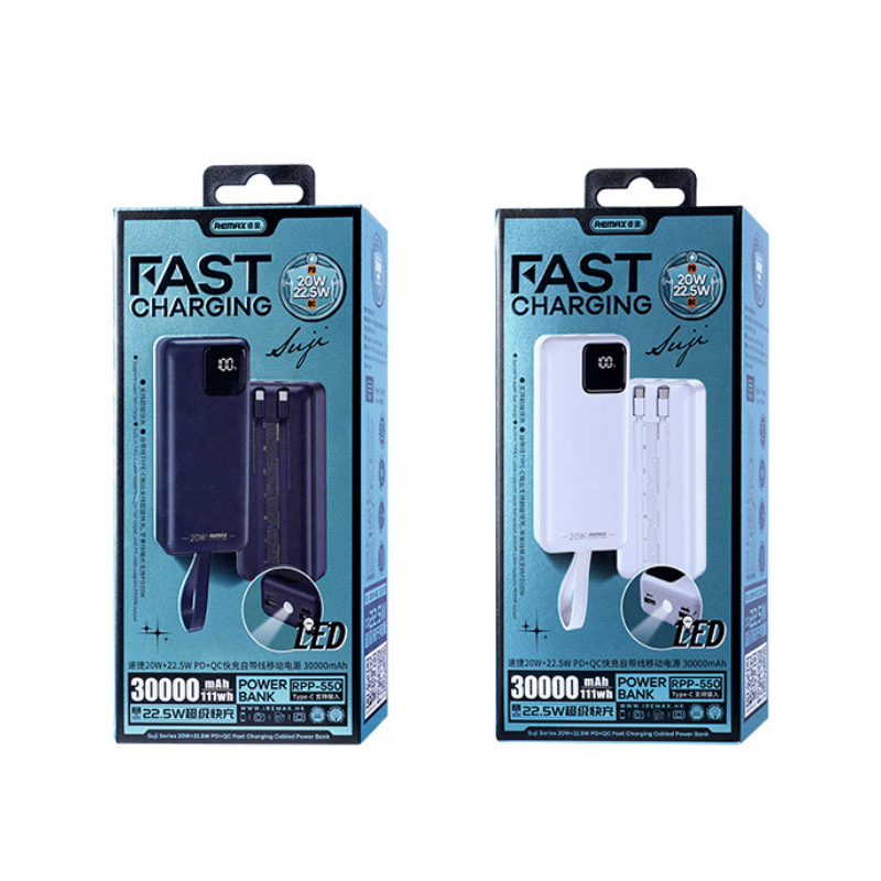Sạc dự phòng 30000mah/20000mah REMAX RPP-550 22.5W tích hợp 2 cáp sạc nhanh 22.5W và 20W và màn hình led hiển thị pin
