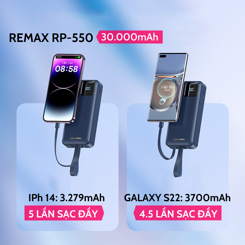 Sạc dự phòng 30000mah/20000mah REMAX RPP-550 22.5W tích hợp 2 cáp sạc nhanh 22.5W và 20W và màn hình led hiển thị pin