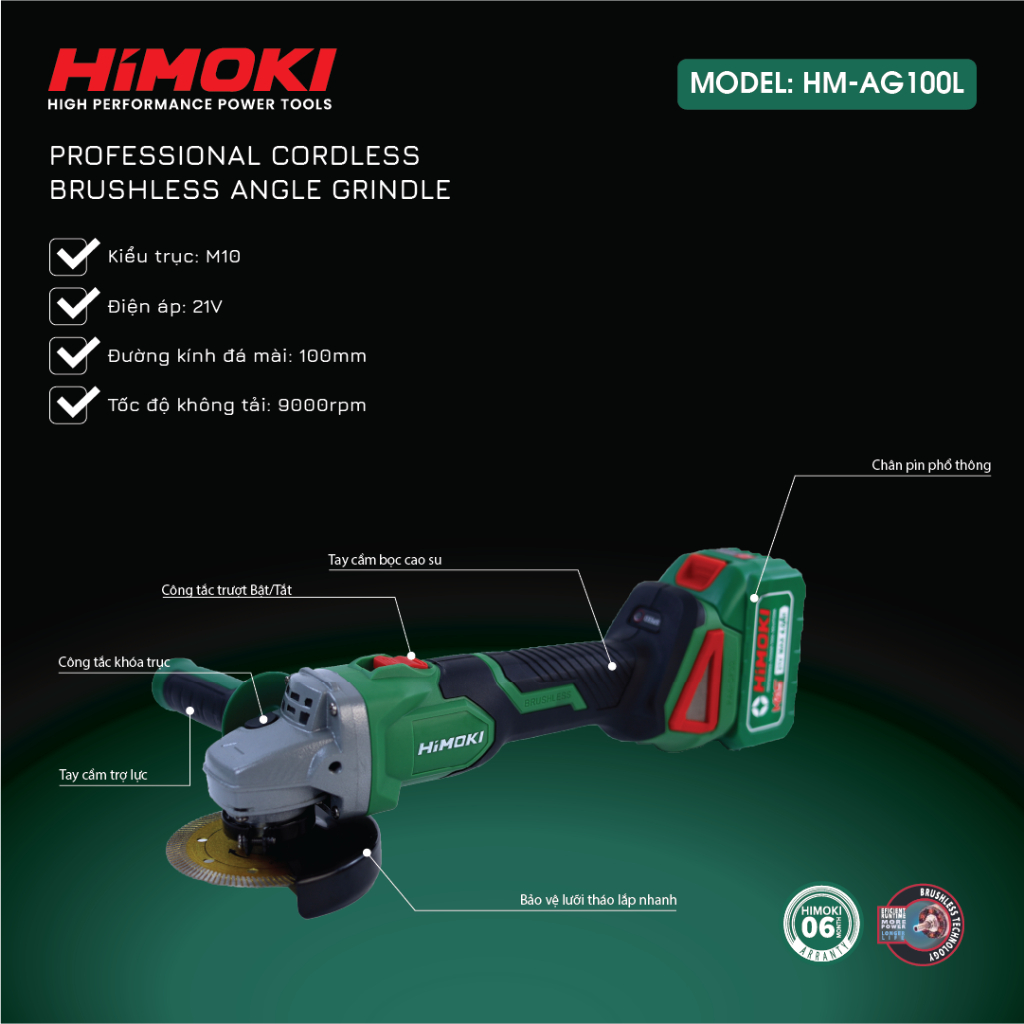 Thân máy mài pin Himoki HM-AG100L - Cắt gạch - Mài sắt - Cắt sắt - Cắt gỗ Động cơ Không chổi than