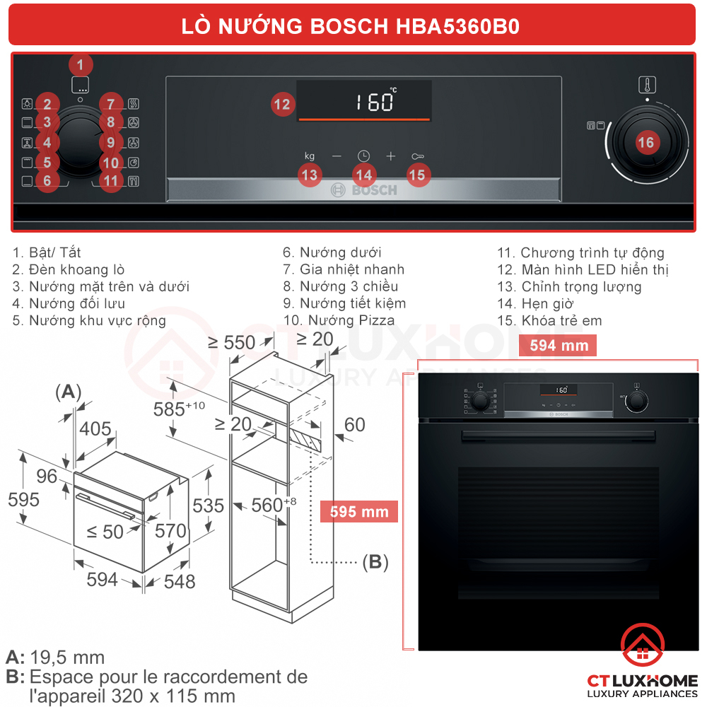 Lò Nướng Âm Tủ Bosch HBA5360B0 - Serie 6, Dung Tích 71L, Công Suất 3400W, Made in Spain, BH 12 Tháng, Bepchauau