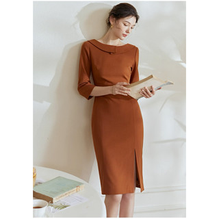 Đầm bút chì cổ thuyền tay lửng màu cam trơn