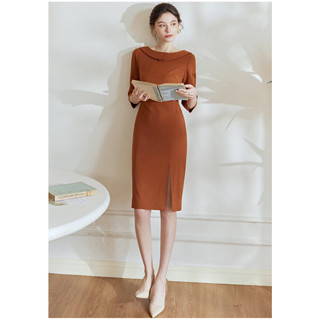 Đầm đơn giản cổ thuyền tay lửng màu cam đất