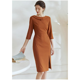 Đầm xẻ trước cổ sát tay lửng màu cam trơn tối giản