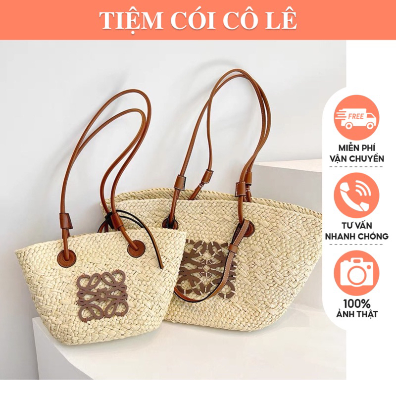 (Ảnh thật) Túi cói đi biển tag gỗ quai da phối hoạ tiết hàng Quảng Châu cực đẹp- Tiệm Cói Cô Lê